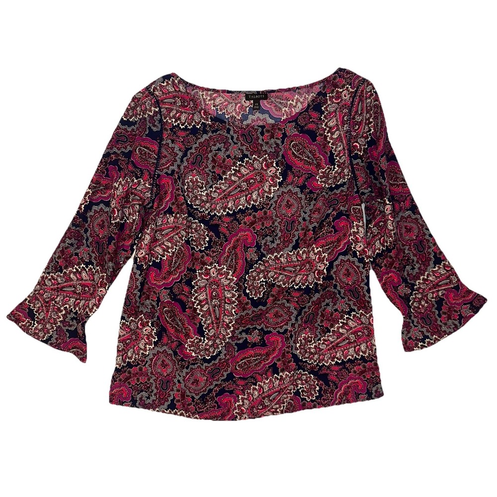 Talbots Top Women's XS‎ Purple Pink Blue Paisley Classic Mature Artsy Side Zip